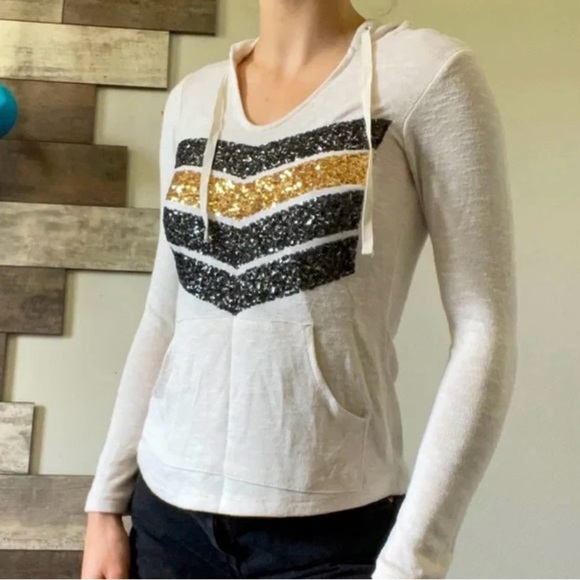 Chance or Fate Gray Sequin Chevron Hoodie Sz-Large - Picture 4 of 6